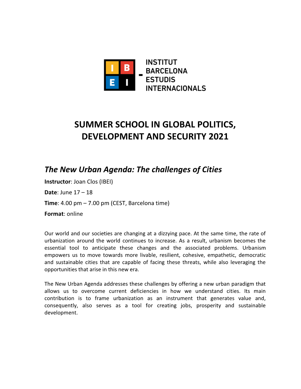 Summer School in Global Politics, Development and Security 2021