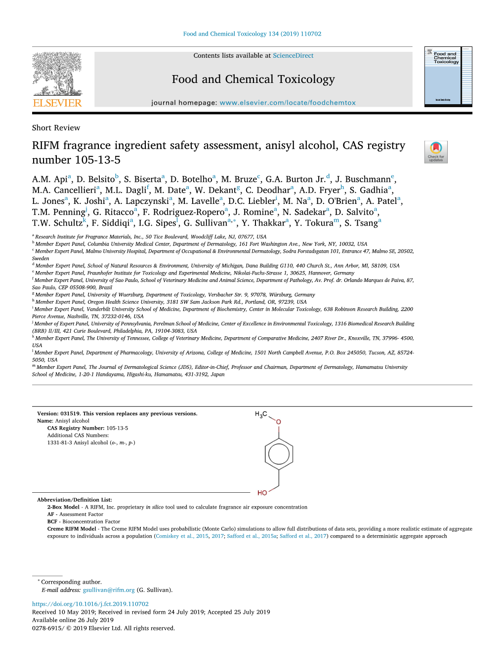 RIFM Fragrance Ingredient Safety Assessment, Anisyl Alcohol, CAS Registry T Number 105-13-5 A.M