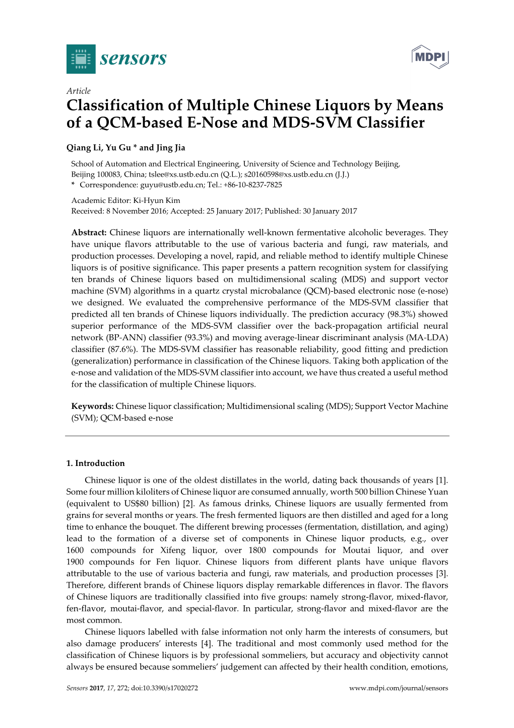 Classification of Multiple Chinese Liquors by Means of a QCM-Based E-Nose and MDS-SVM Classifier