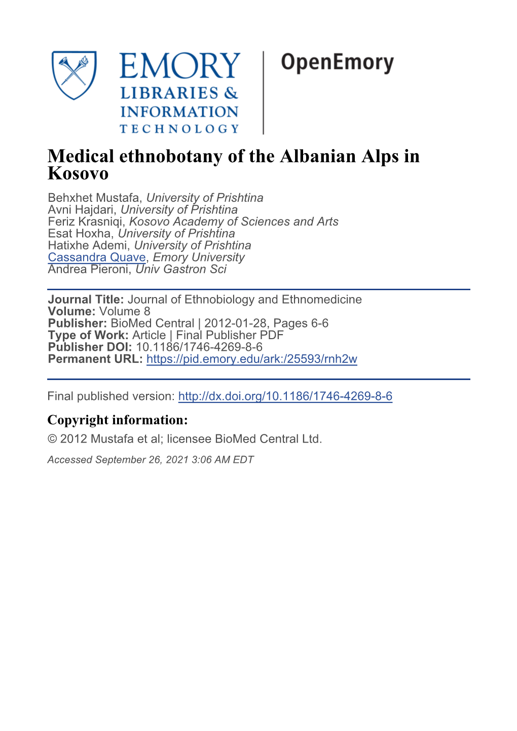 Medical Ethnobotany of the Albanian Alps in Kosovo