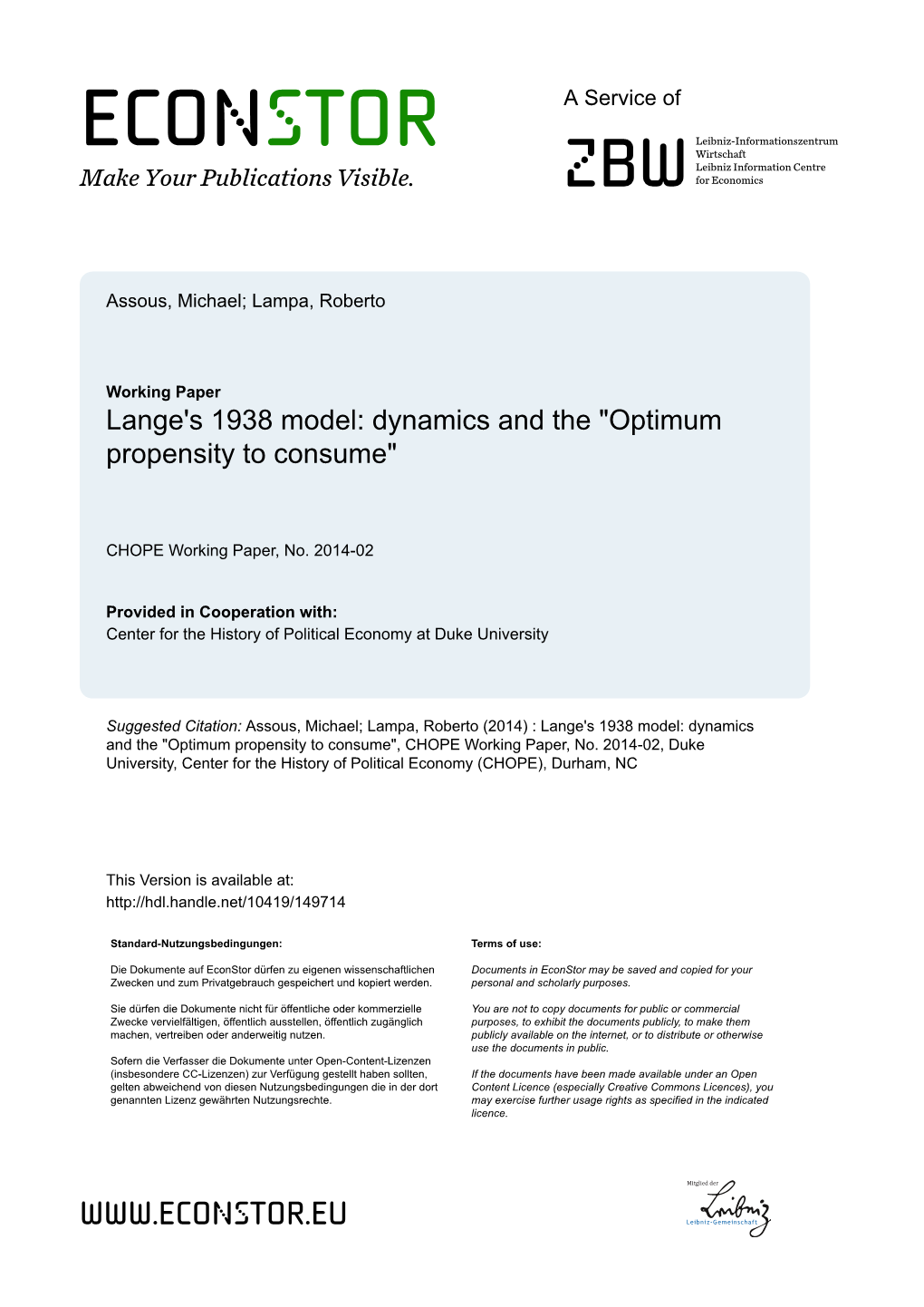 Lange's 1938 Model: Dynamics and the "Optimum Propensity to Consume"