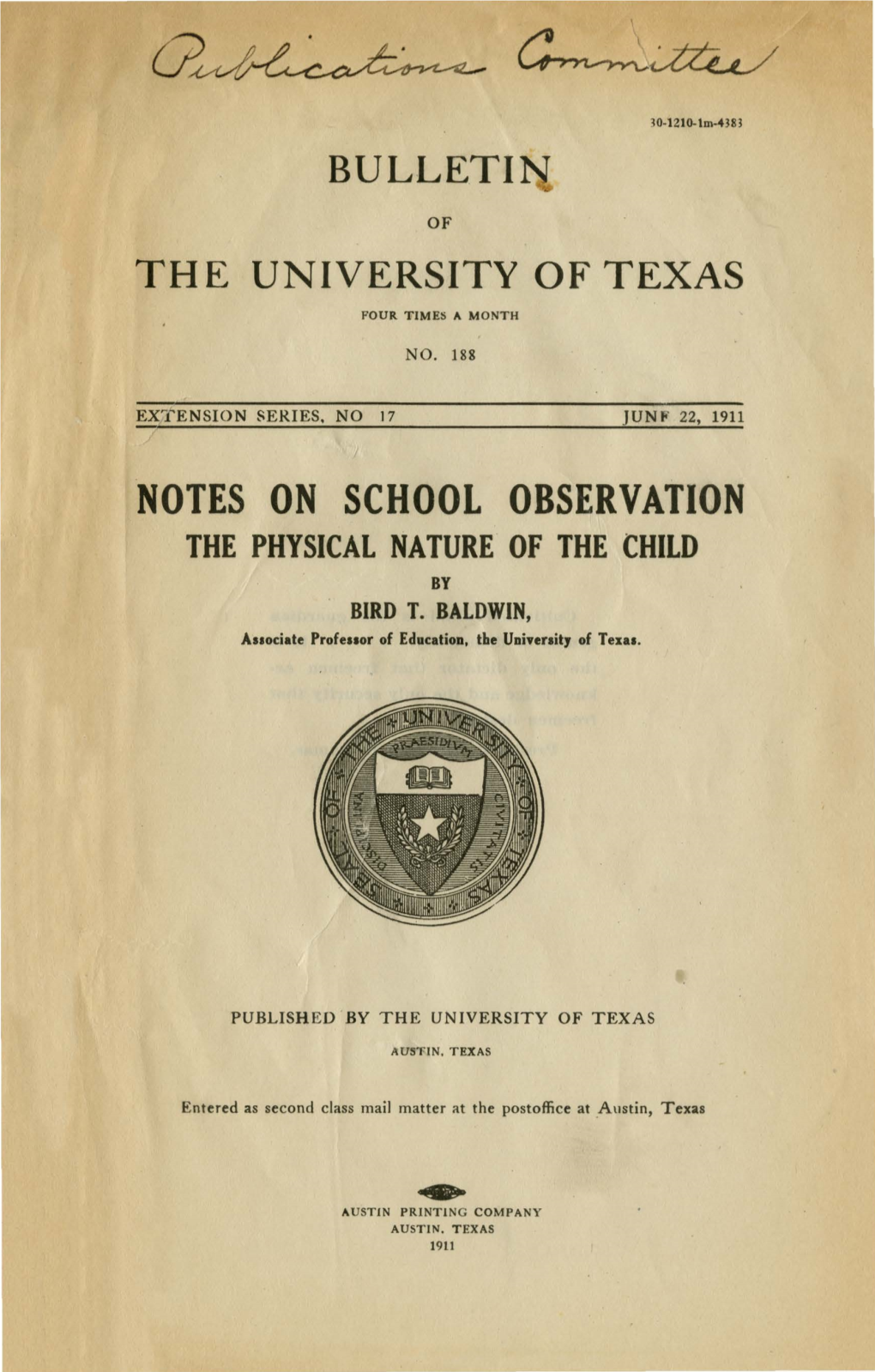 Notes on School Observation the Physical Nature of the Child by Bird T