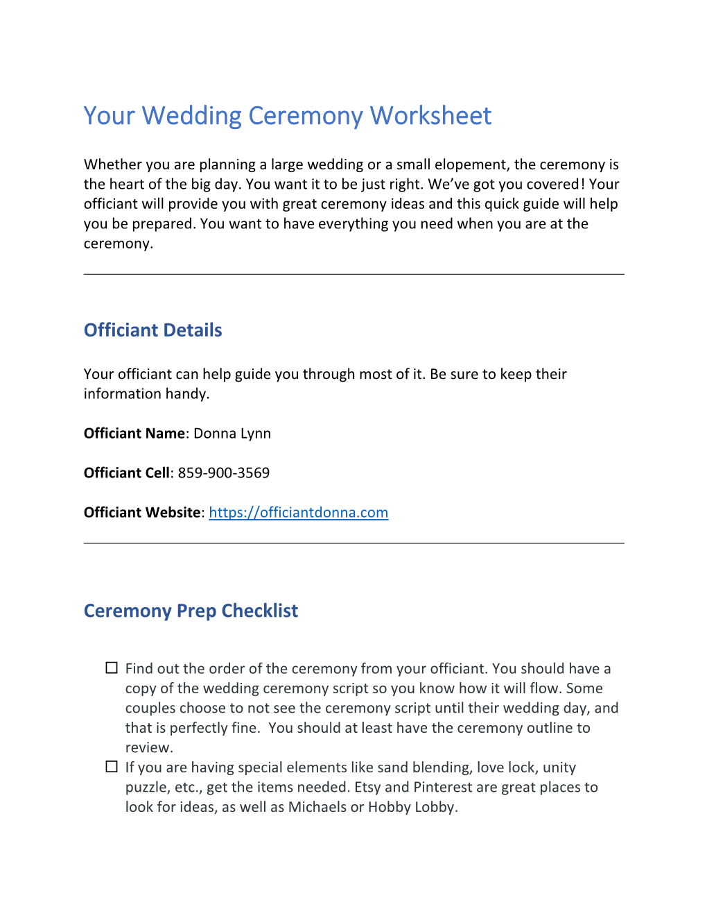 Your Wedding Ceremony Worksheet