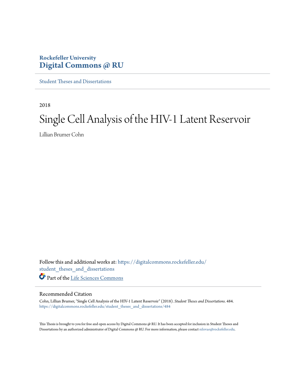 Single Cell Analysis of the HIV-1 Latent Reservoir Lillian Brumer Cohn