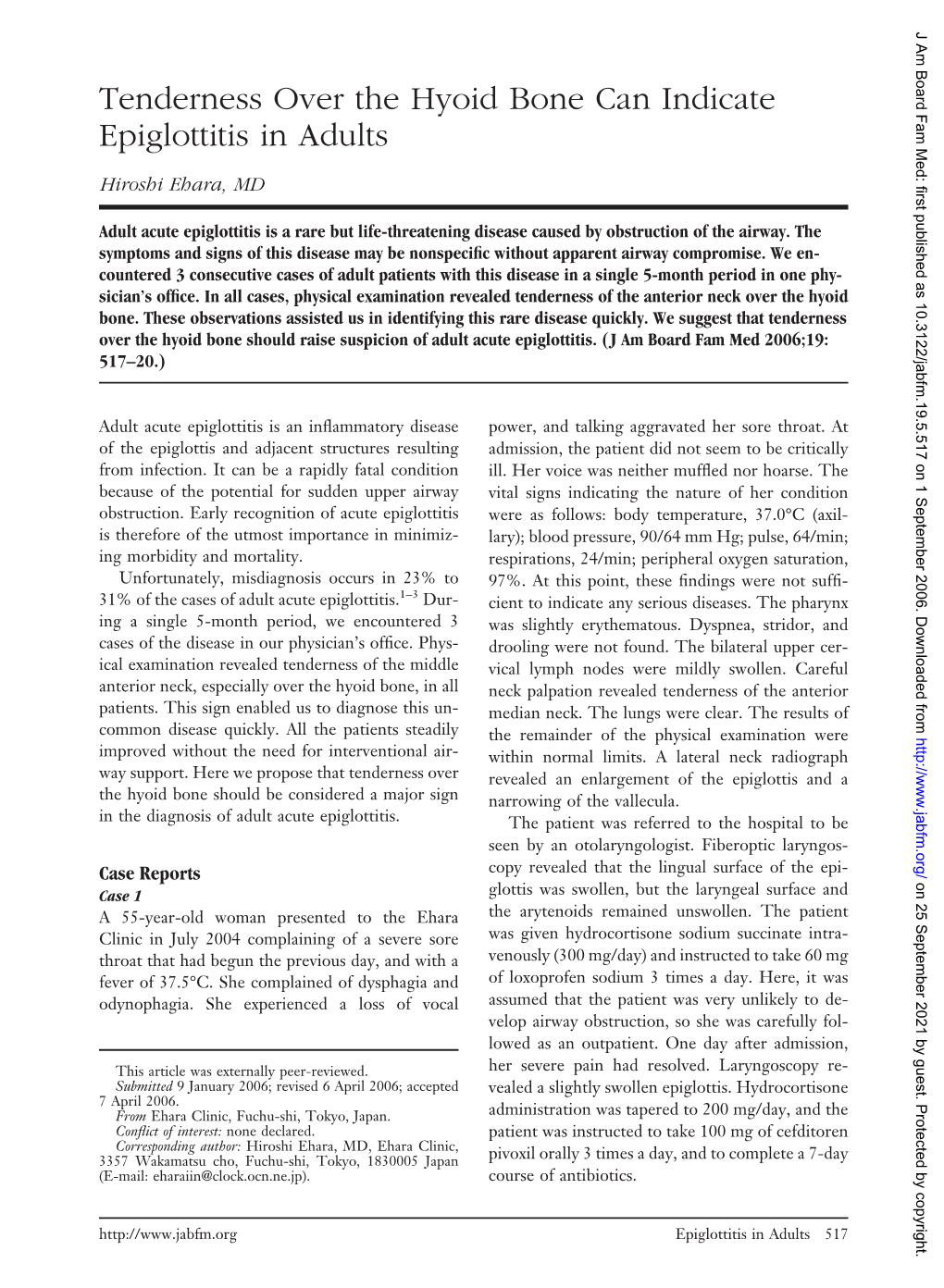 Tenderness Over the Hyoid Bone Can Indicate Epiglottitis in Adults