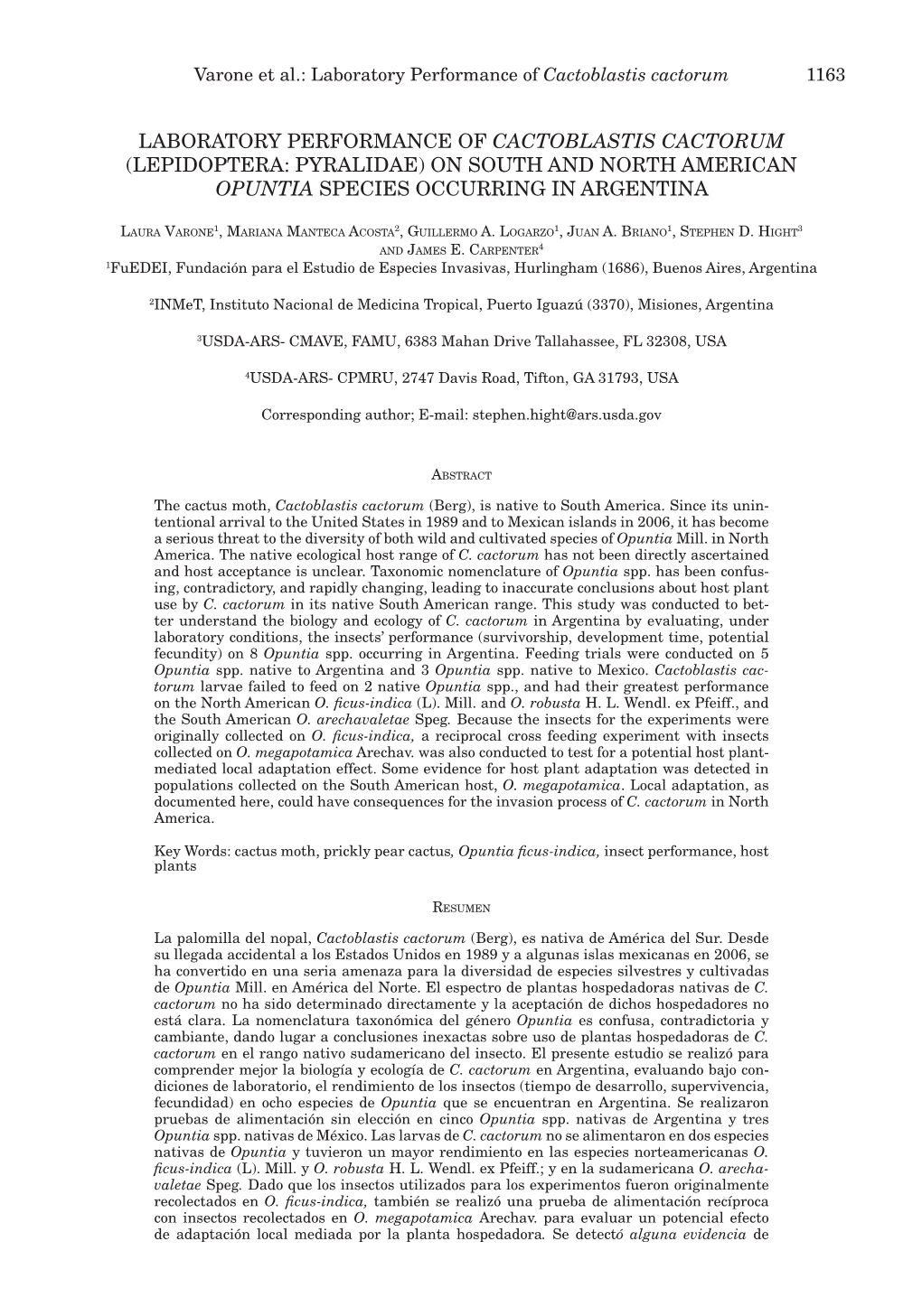 Laboratory Performance of Cactoblastis Cactorum 1163