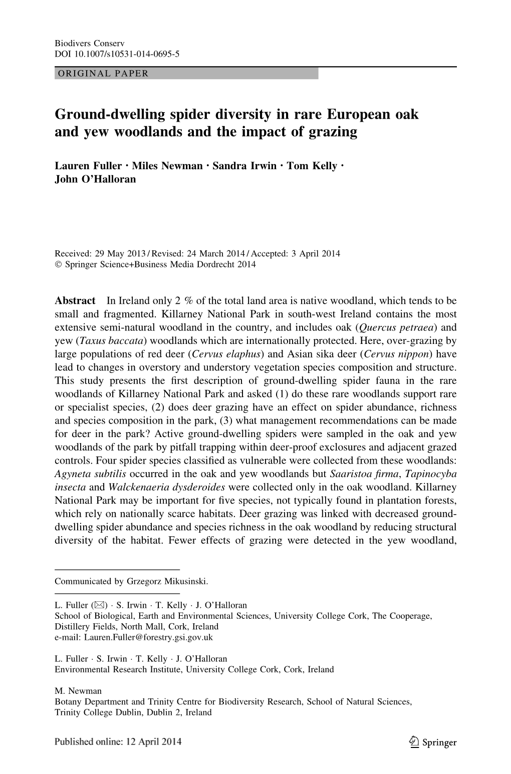 Ground-Dwelling Spider Diversity in Rare European Oak and Yew Woodlands and the Impact of Grazing