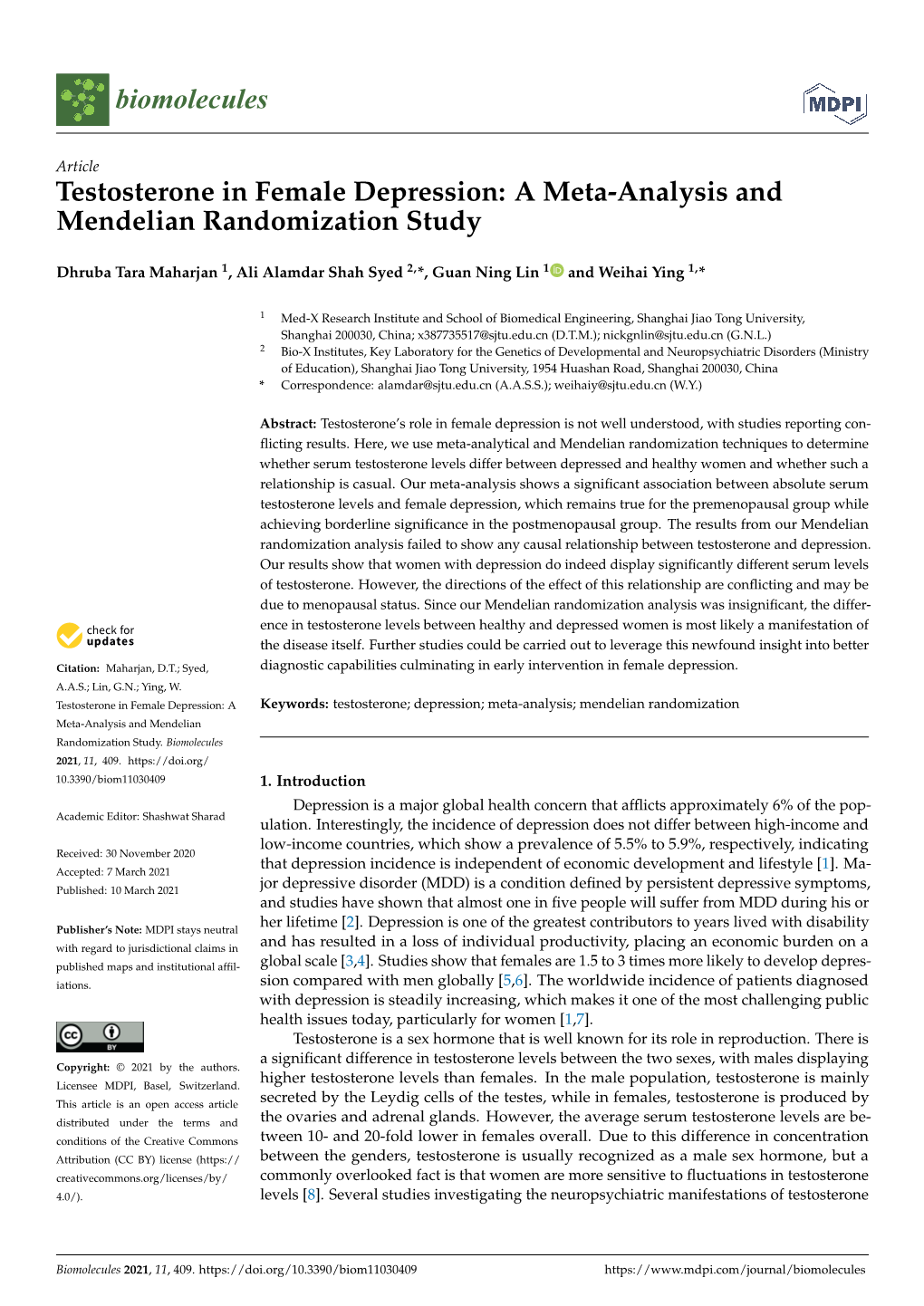 Testosterone in Female Depression: a Meta-Analysis and Mendelian Randomization Study