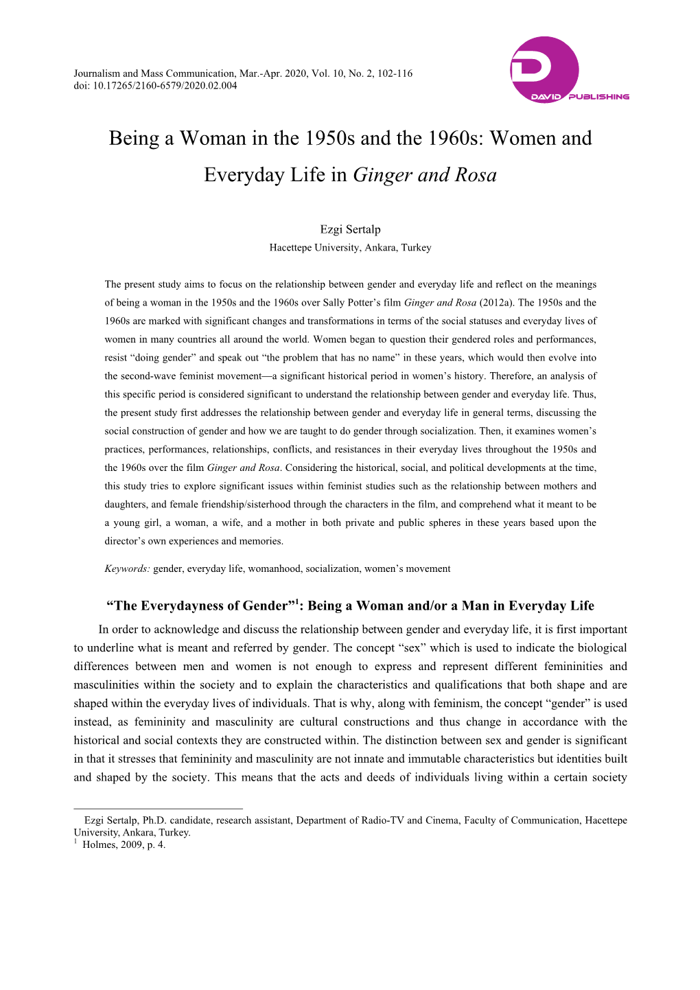 Being a Woman in the 1950S and the 1960S: Women and Everyday Life in Ginger and Rosa