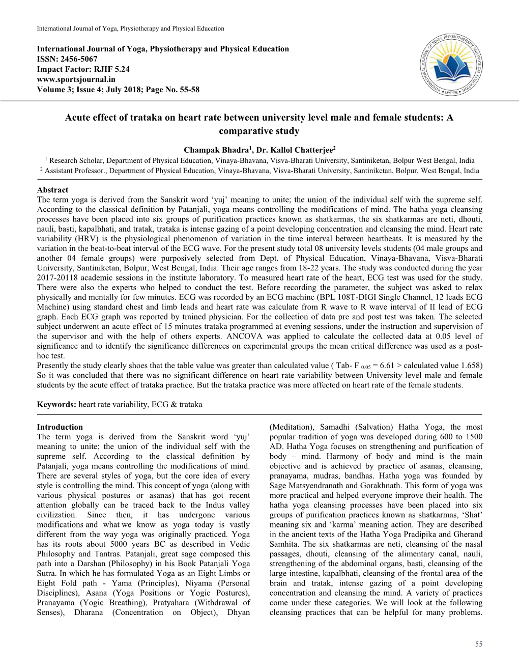 Acute Effect of Trataka on Heart Rate Between University Level Male and Female Students: a Comparative Study