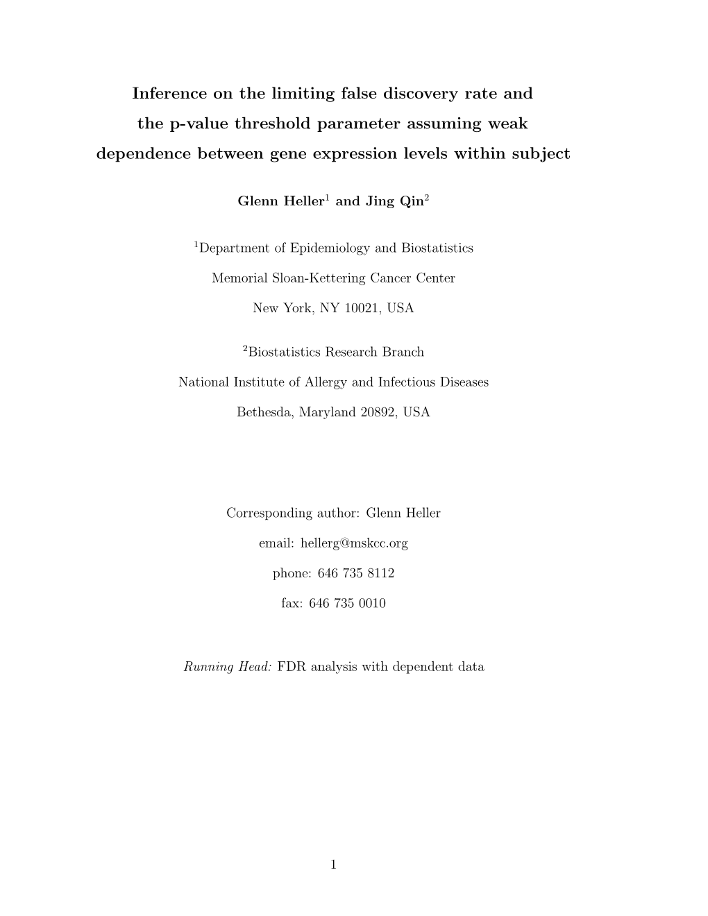 Inference on the Limiting False Discovery Rate and the P-Value Threshold Parameter Assuming Weak Dependence Between Gene Expression Levels Within Subject