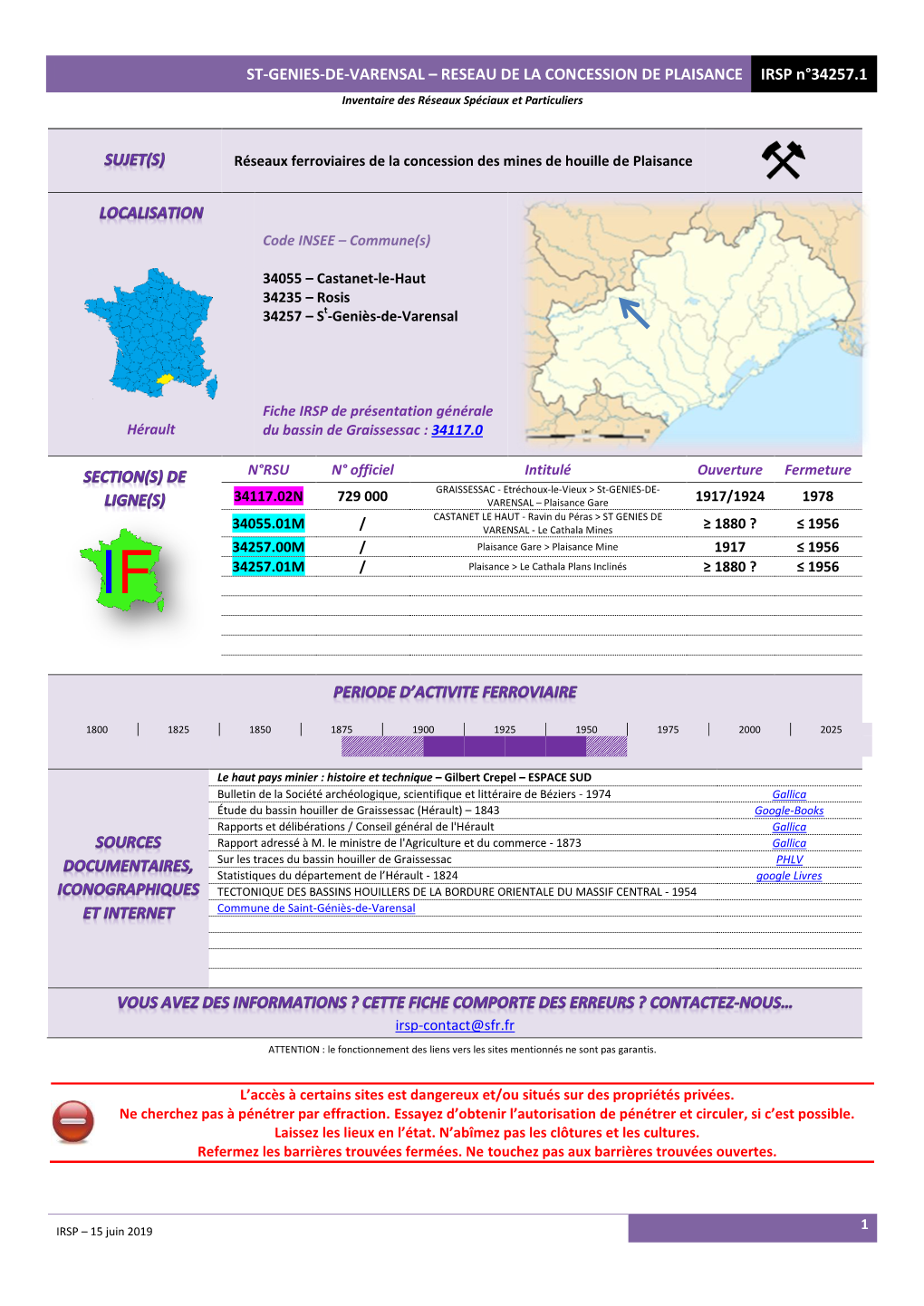 ST-GENIES-DE-VARENSAL – RESEAU DE LA CONCESSION DE PLAISANCE IRSP N°34257.1 Inventaire Des Réseaux Spéciaux Et Particuliers