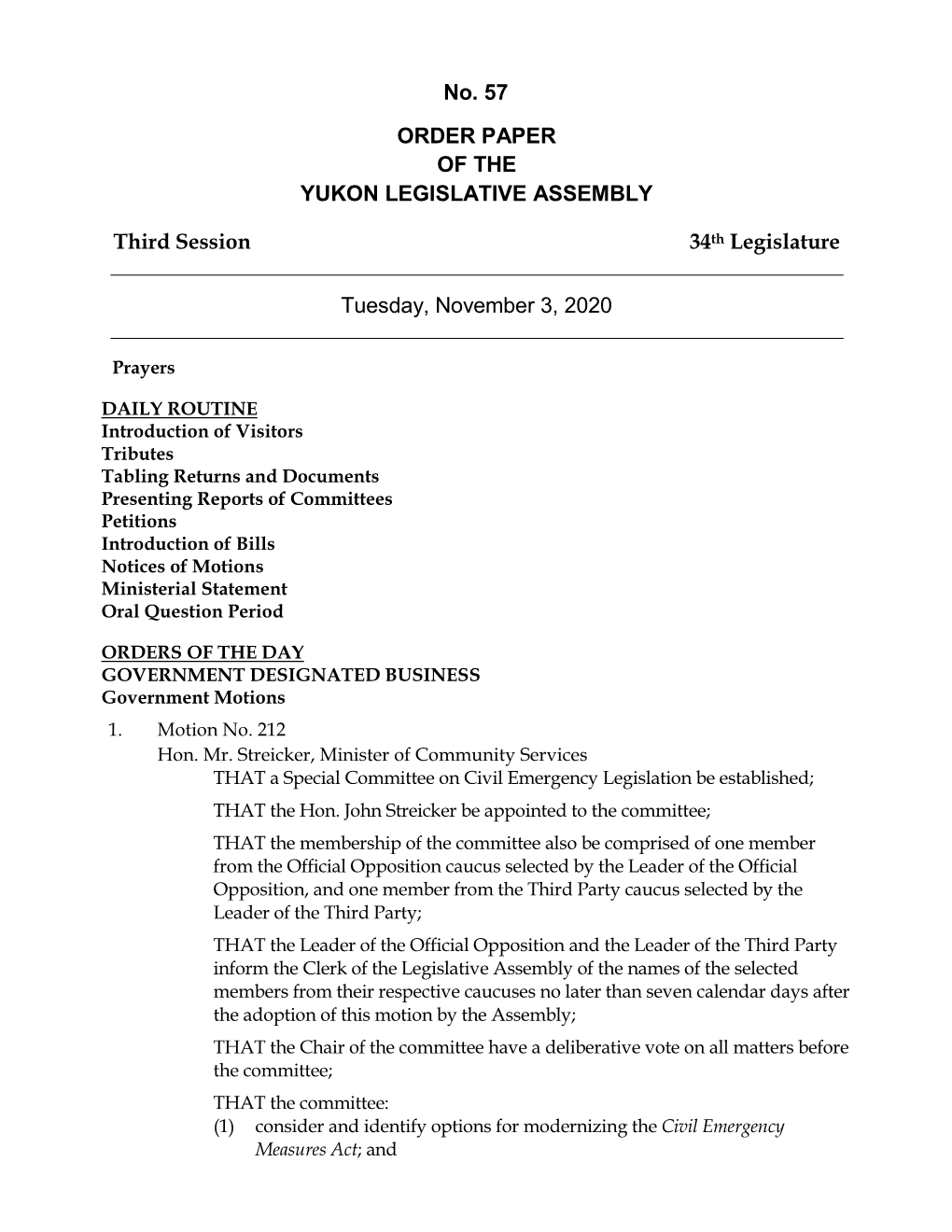 Order Paper of the Yukon Legislative Assembly