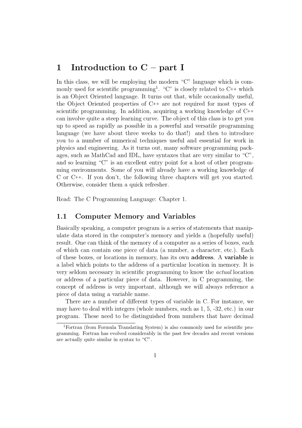 1 Introduction to C – Part I