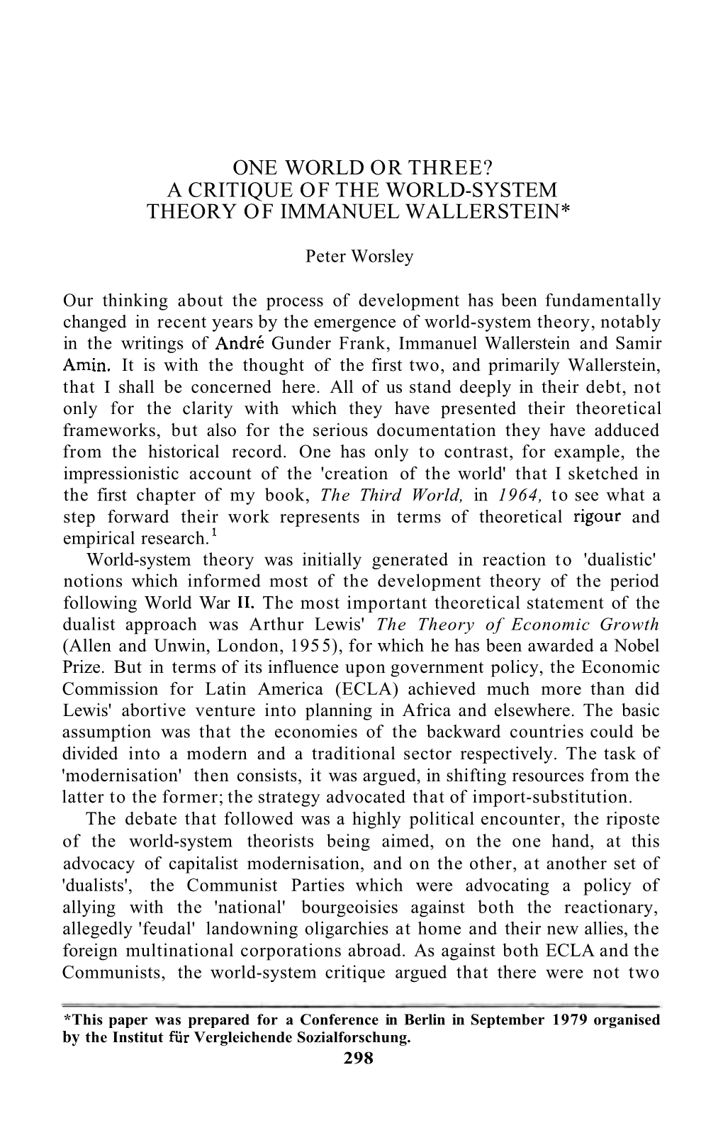 One World Or Three? a Critique of the World-System Theory of Immanuel Wallerstein*