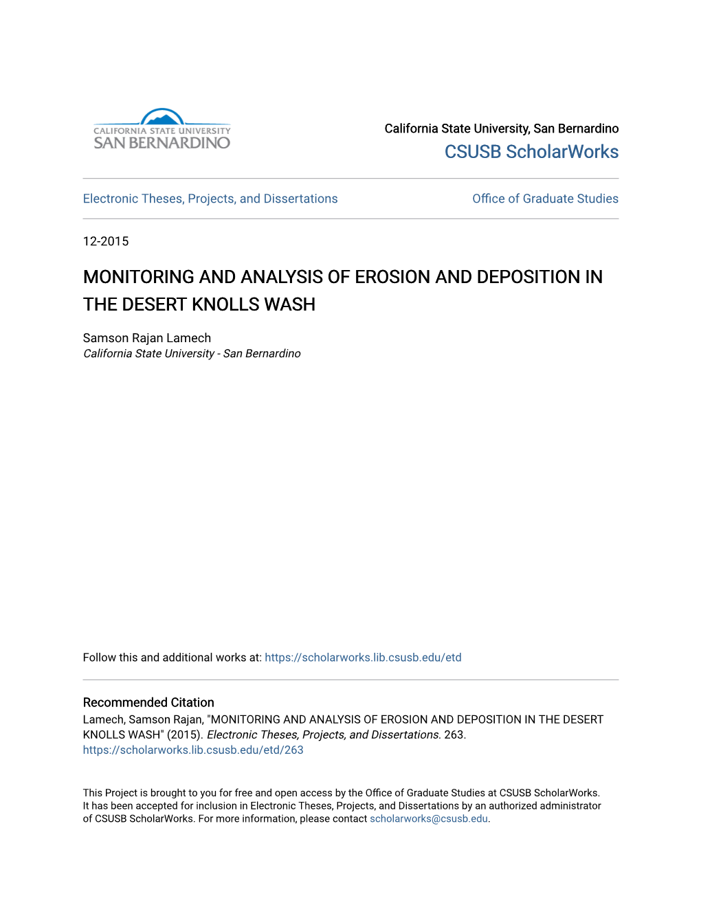 Monitoring and Analysis of Erosion and Deposition in the Desert Knolls Wash