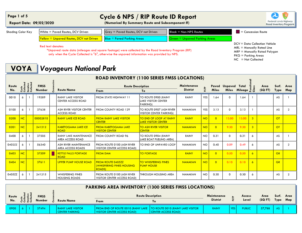 VOYA Voyageurs National Park ROAD INVENTORY (1100 SERIES FMSS LOCATIONS)