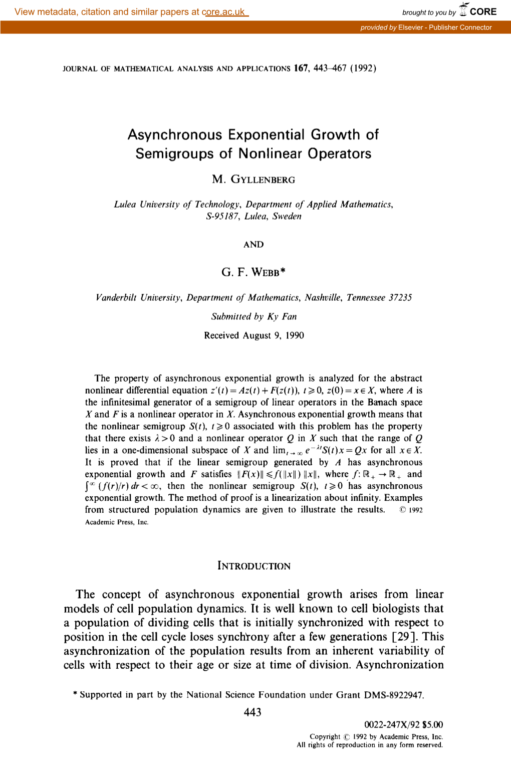 Asynchronous Exponential Growth of Semigroups of Nonlinear Operators