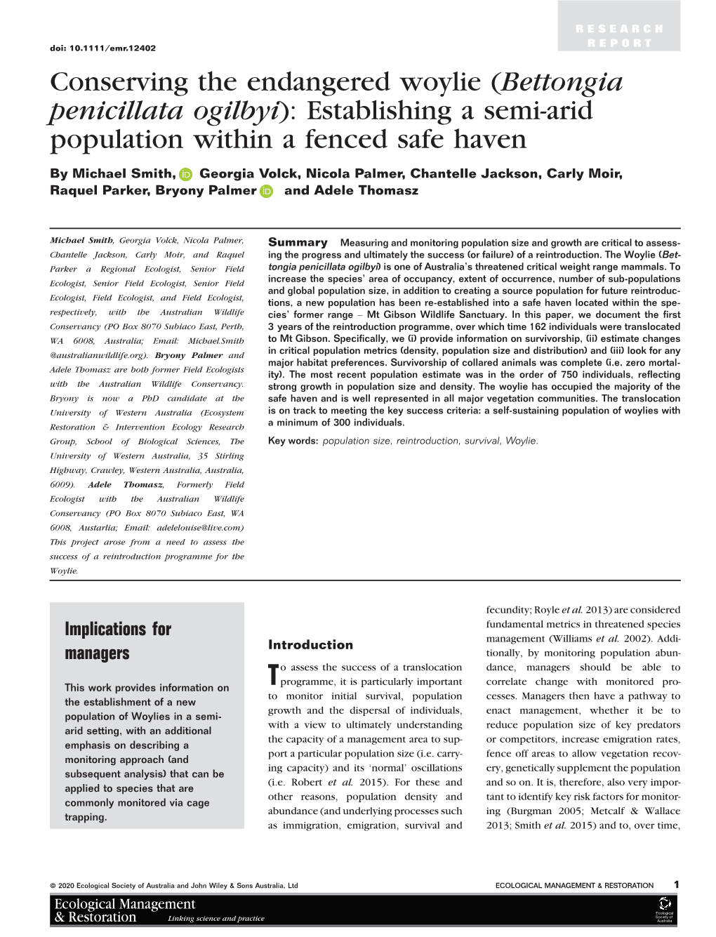 Conserving the Endangered Woylie (Bettongia Penicillata Ogilbyi): Establishing a Semi-Arid Population Within a Fenced Safe Haven