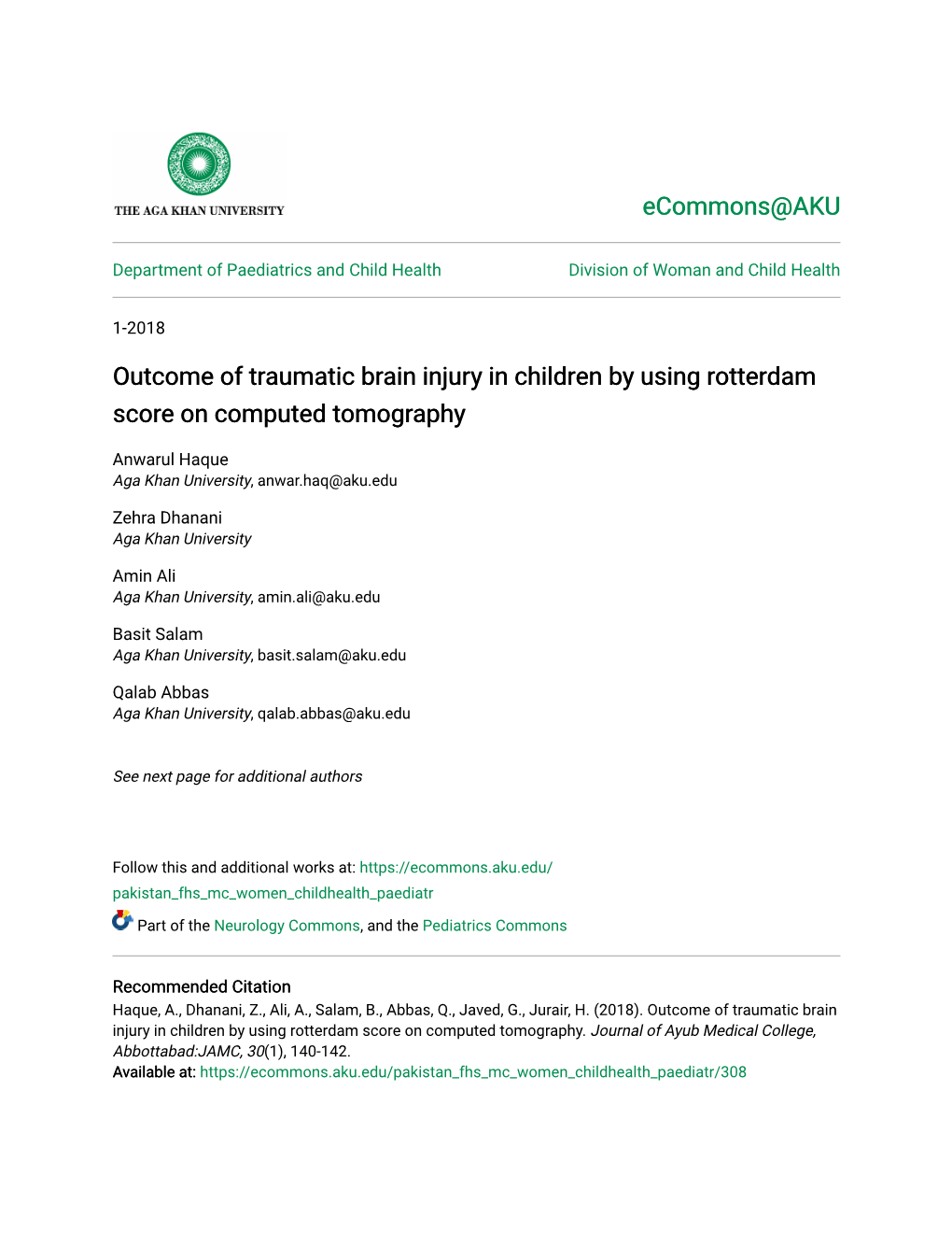 Outcome of Traumatic Brain Injury in Children by Using Rotterdam Score on Computed Tomography