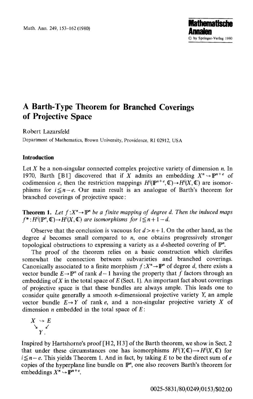 A Barth-Type Theorem for Branched Coverings of Projective Space