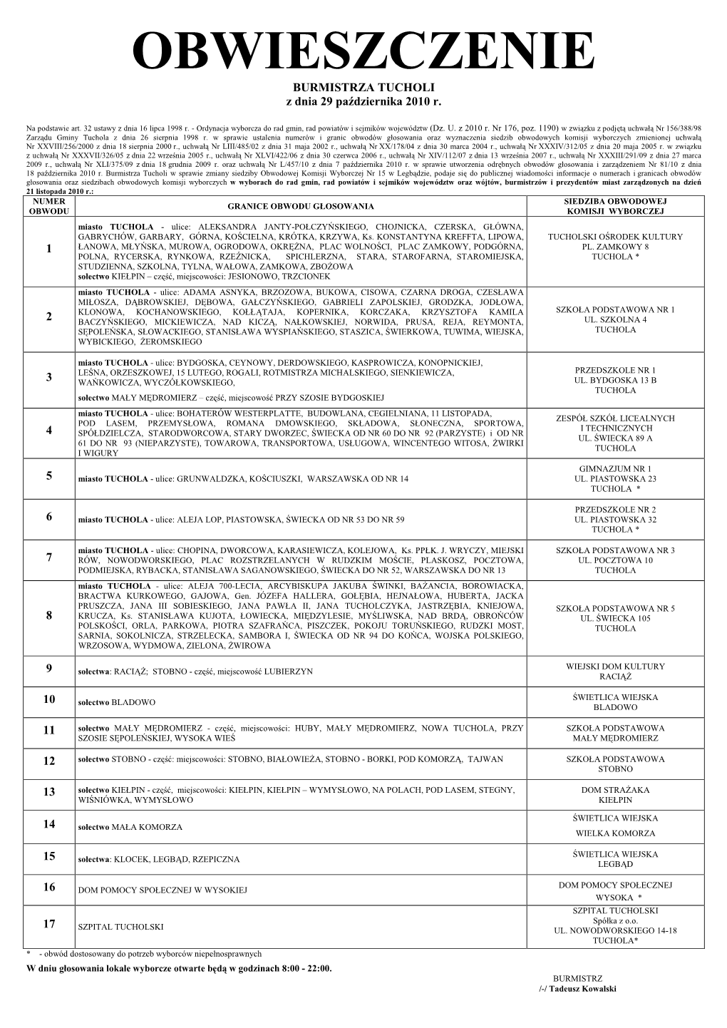OBWIESZCZENIE BURMISTRZA TUCHOLI Z Dnia 29 Pa Ździernika 2010 R