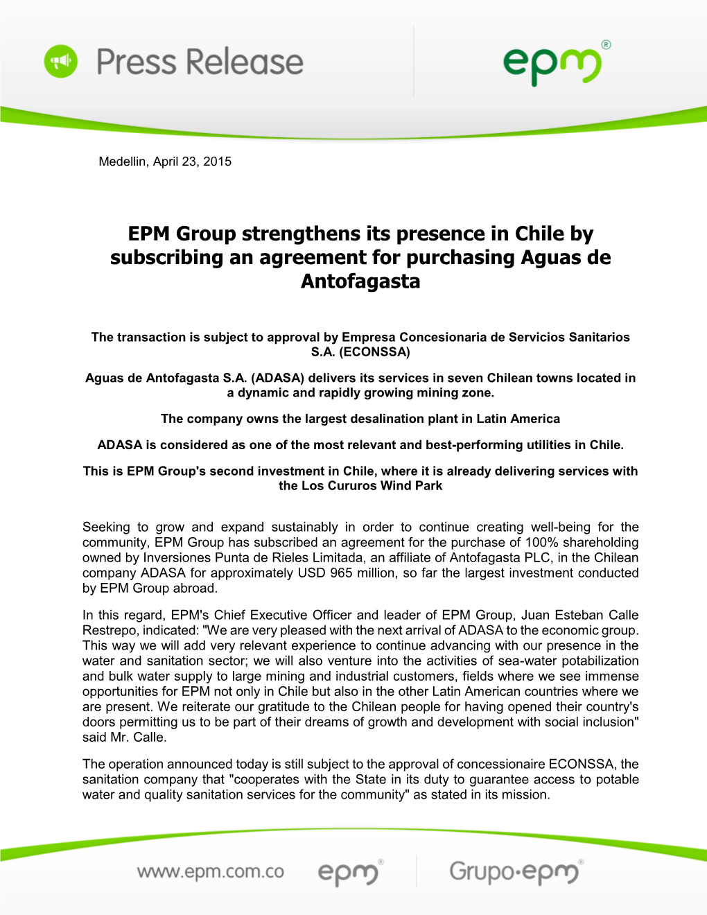 EPM Group Strengthens Its Presence in Chile by Subscribing an Agreement for Purchasing Aguas De Antofagasta