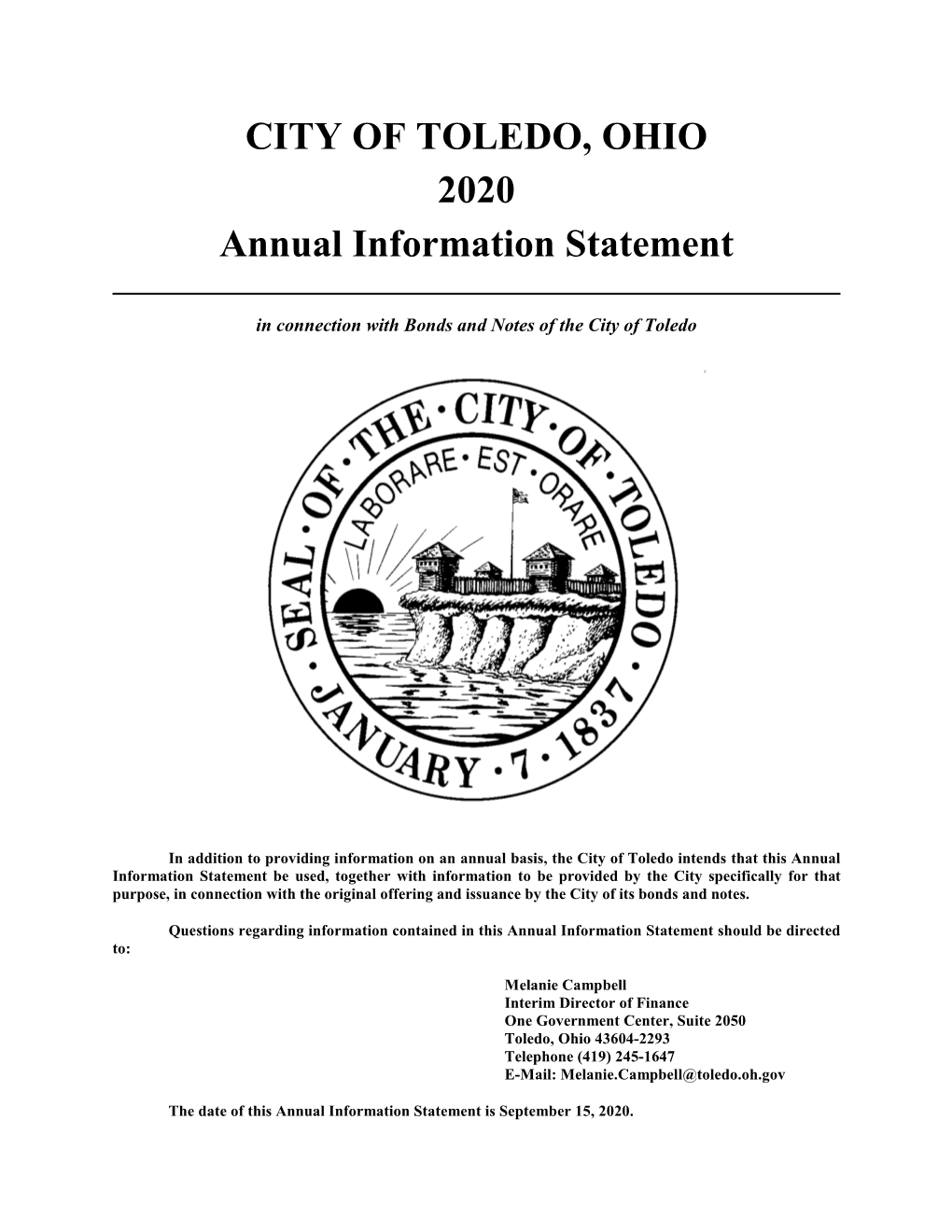 CITY of TOLEDO, OHIO 2020 Annual Information Statement