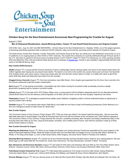 Chicken Soup for the Soul Entertainment Announces New Programming for Crackle for August