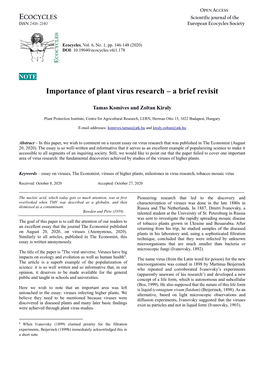 Importance of Plant Virus Research – a Brief Revisit
