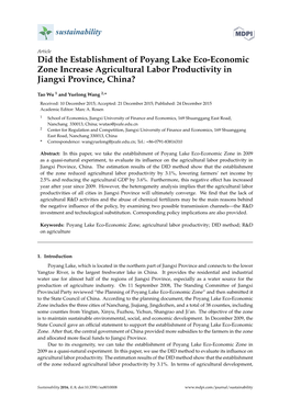 Did the Establishment of Poyang Lake Eco-Economic Zone Increase Agricultural Labor Productivity in Jiangxi Province, China?