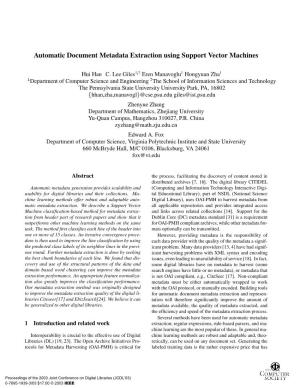 Automatic Document Metadata Extraction Using Support Vector Machines