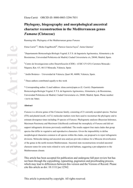 Phylogeny, Biogeography and Morphological Ancestral Character Reconstruction in the Mediterranean Genus Fumana (Cistaceae)