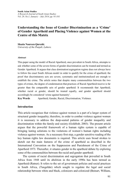 Understanding the Issue of Gender Discrimination As a ‘Crime’ of Gender Apartheid and Placing Violence Against Women at the Centre of This Matrix