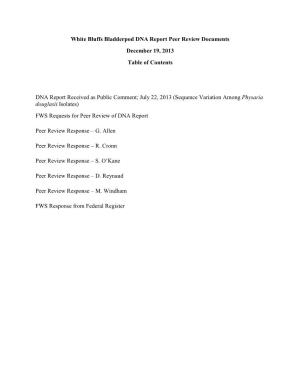 White Bluffs Bladderpod DNA Report Peer Review Documents December 19, 2013 Table of Contents