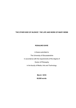 THE LIFE and WORK of MARY WEBB ROSALIND DAVIE a Thesis