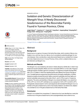 Isolation and Genetic Characterization of Mangshi Virus: a Newly Discovered Seadornavirus of the Reoviridae Family Found in Yunnan Province, China