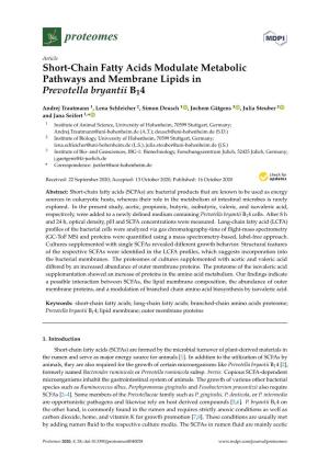 Short-Chain Fatty Acids Modulate Metabolic Pathways and Membrane Lipids in Prevotella Bryantii B14