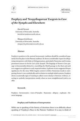 'Neopythagorean' Exegesis in Cave of the Nymphs and Elsewhere
