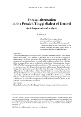 Phrasal Alternation in the Pondok Tinggi Dialect of Kerinci an Intergenerational Analysis