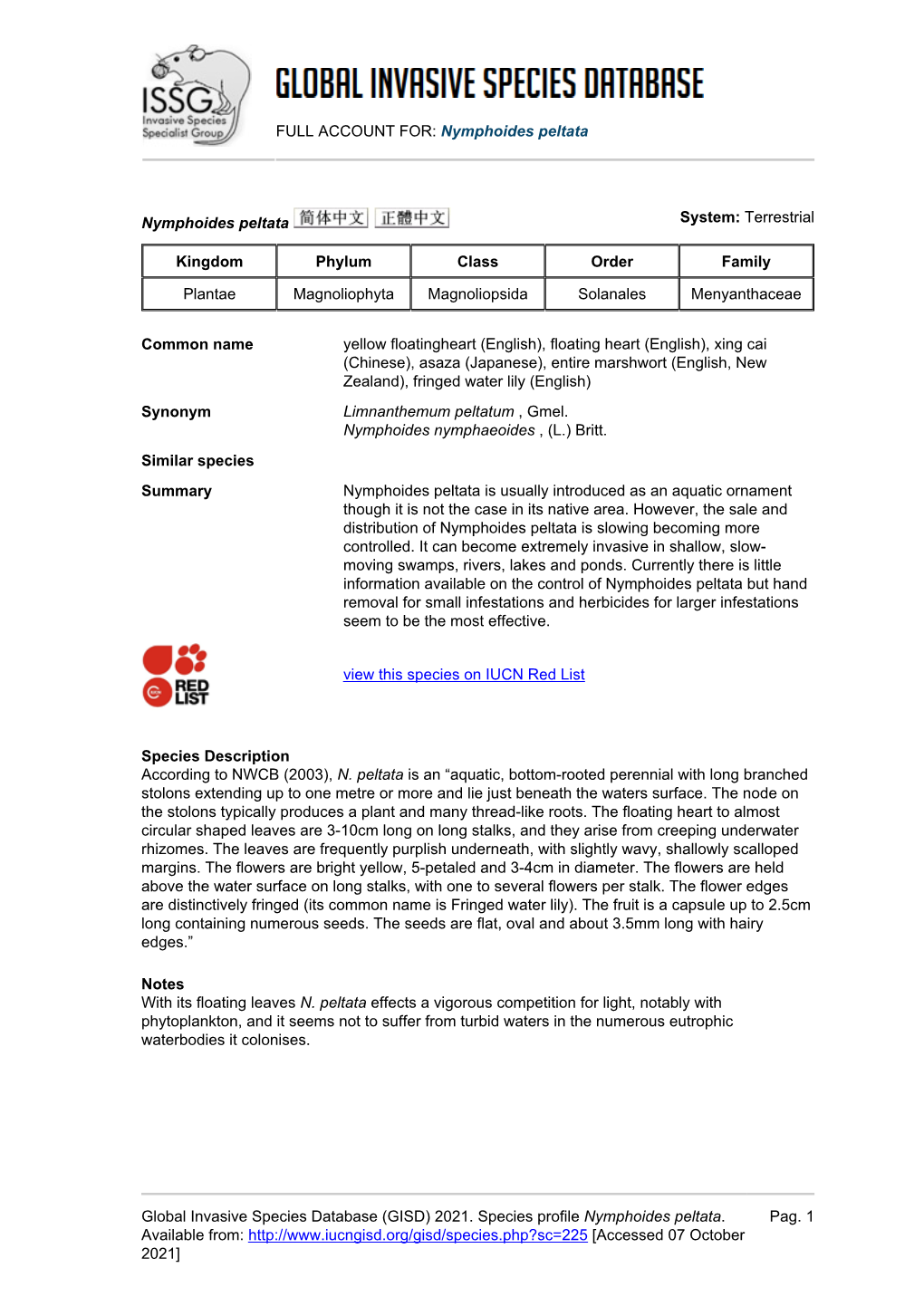 (GISD) 2021. Species Profile Nymphoides Peltata. Available
