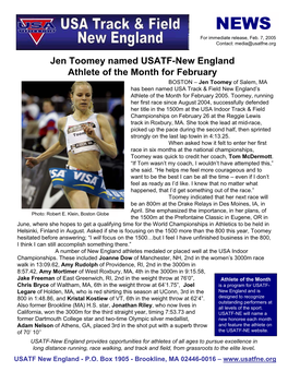 Jen Toomey Named USATF-New England Athlete of the Month for February