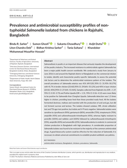 Prevalence and Antimicrobial Susceptibility Profiles of Non- Typhoidal Salmonella Isolated from Chickens in Rajshahi, Bangladesh