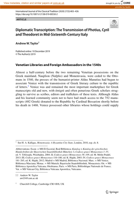 The Transmission of Photius, Cyril and Theodoret in Mid-Sixteenth