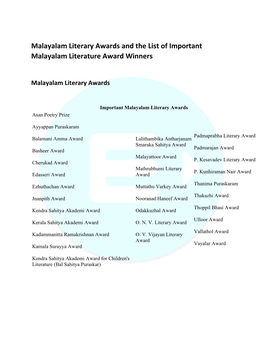 Malayalam Literary Awards and the List of Important Malayalam Literature Award Winners