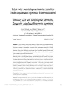 Trabajo Social Comunitario Y Asentamientos Chabolistas: Estudio Comparativo De Experiencias De Intervención Social