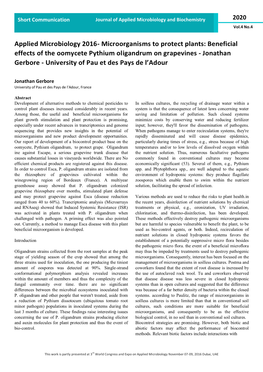 Beneficial Effects of the Oomycete Pythium Oligandrum on Grapevines - Jonathan Gerbore - University of Pau Et Des Pays De L’Adour