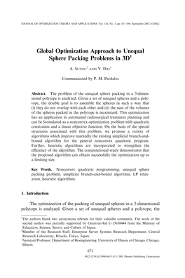 Global Optimization Approach to Unequal Sphere Packing Problems in 3D1