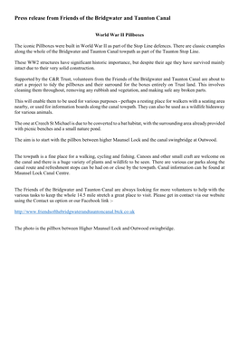 Press Release from Friends of the Bridgwater and Taunton Canal
