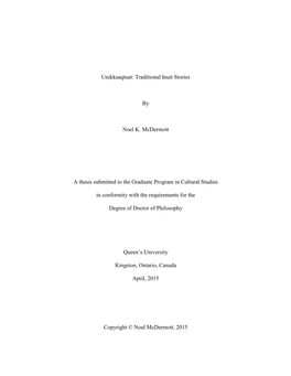 Traditional Inuit Stories by Noel K. Mcdermott a Thesis Submitted to The